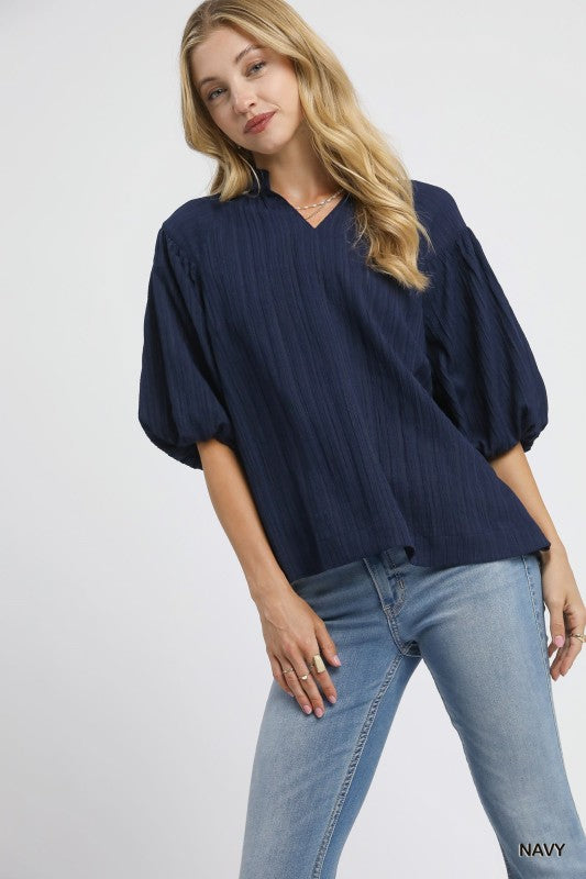 Textured V-Neck Blouse-Navy