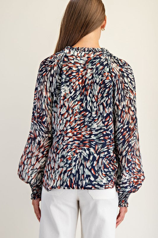 Abstract Print Bubble Sleeve Blouse