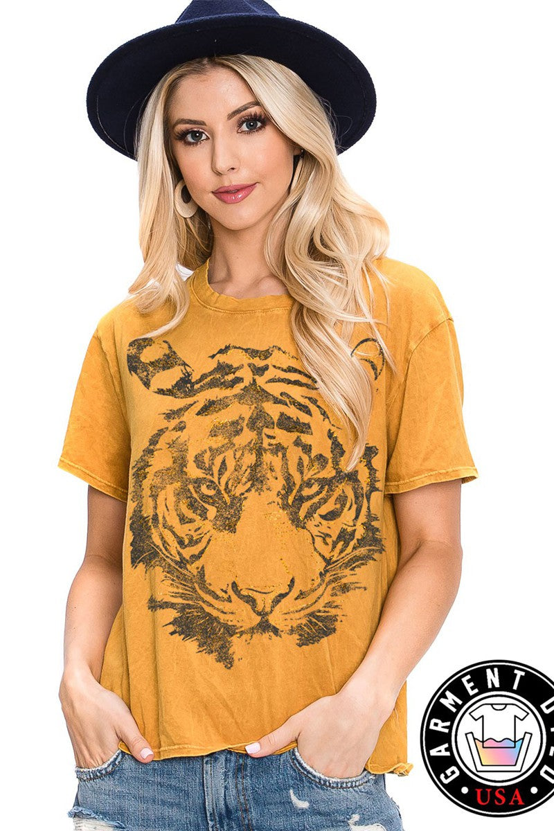 The Golden Foiled Tiger Face Graphic Top-Mineral Mustard