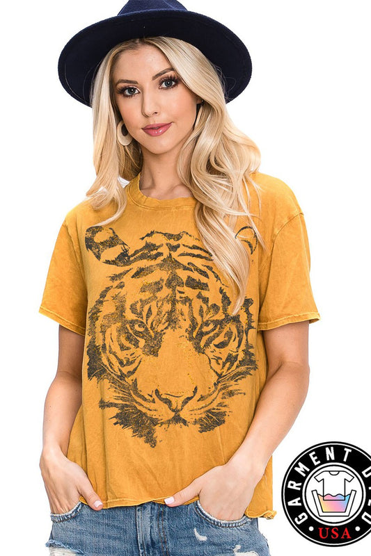 The Golden Foiled Tiger Face Graphic Top-Mineral Mustard