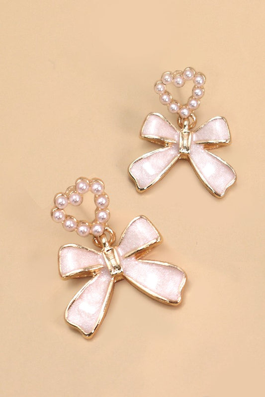 Bow Heart Pearl Drop Earrings