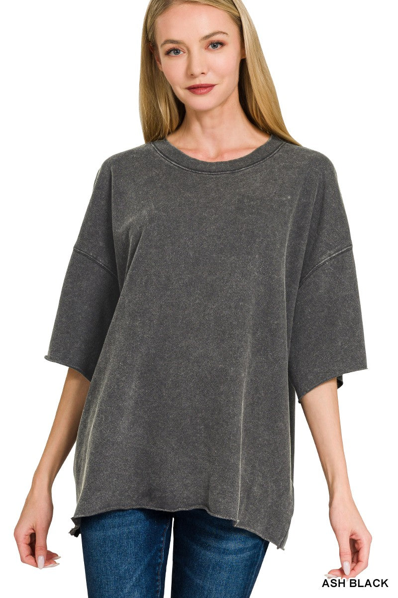 French Terry Washed Drop Shoulder Short Sleeve Top
