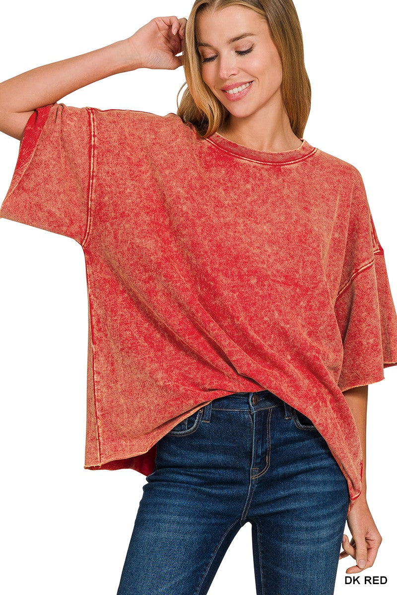 French Terry Washed Drop Shoulder Short Sleeve Top