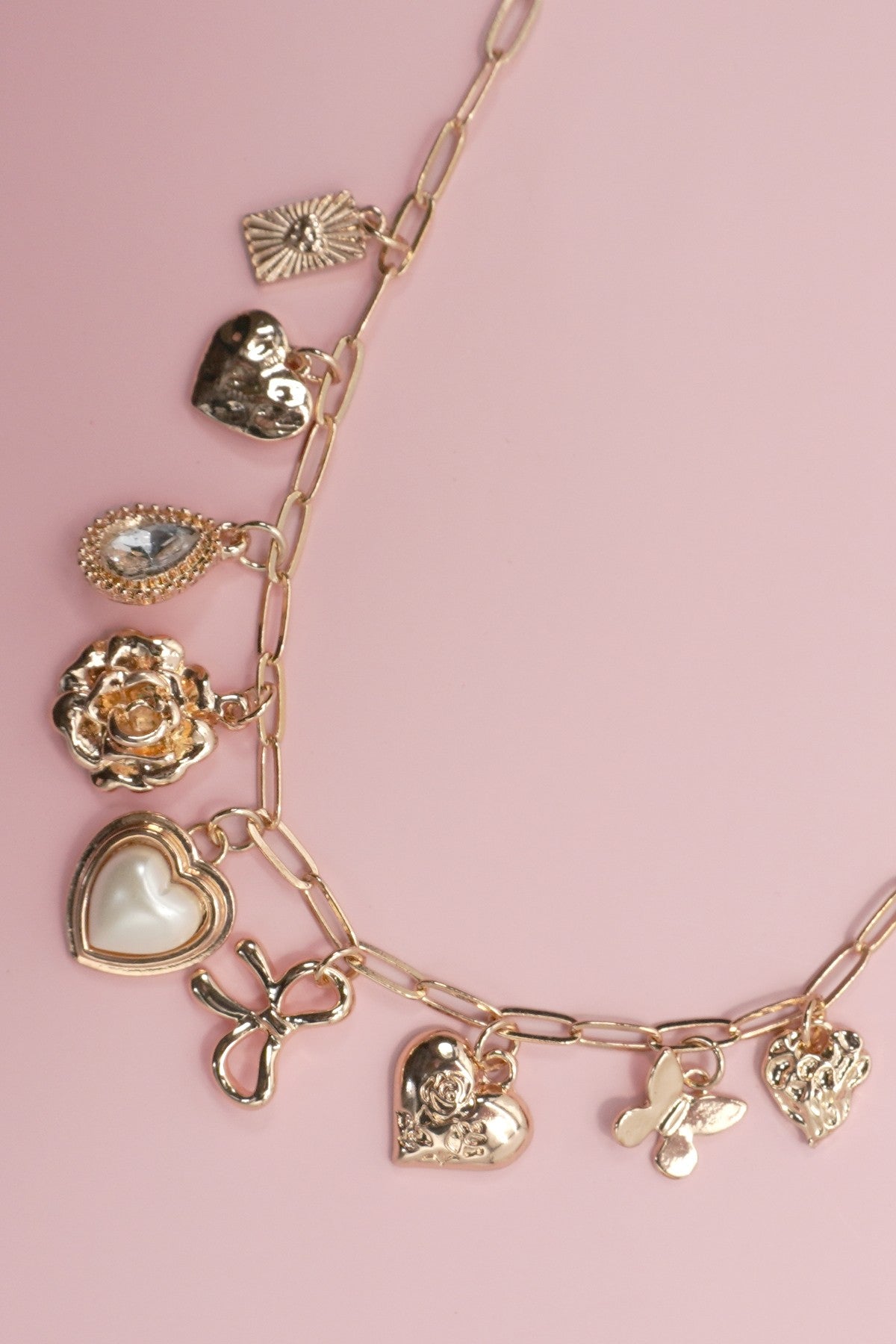 Charm Necklace-bow Heart Rhinestone Flower