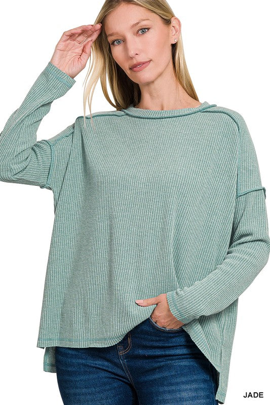 Ribbed Loose Fit Top-Jade
