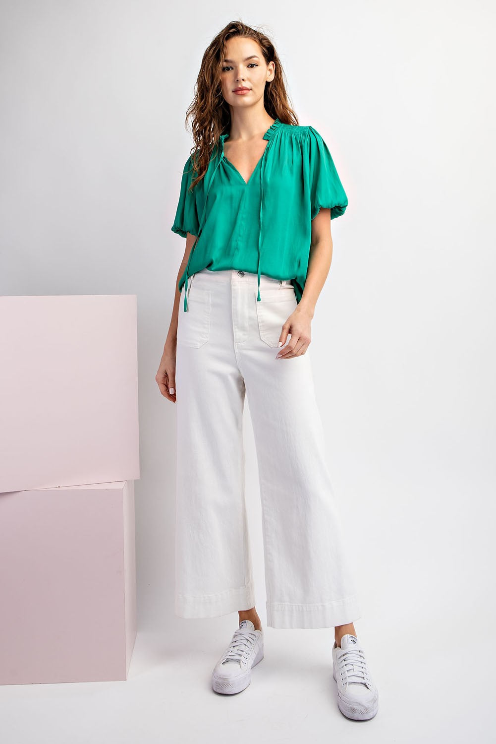 Kelly Green Tie Neck Blouse
