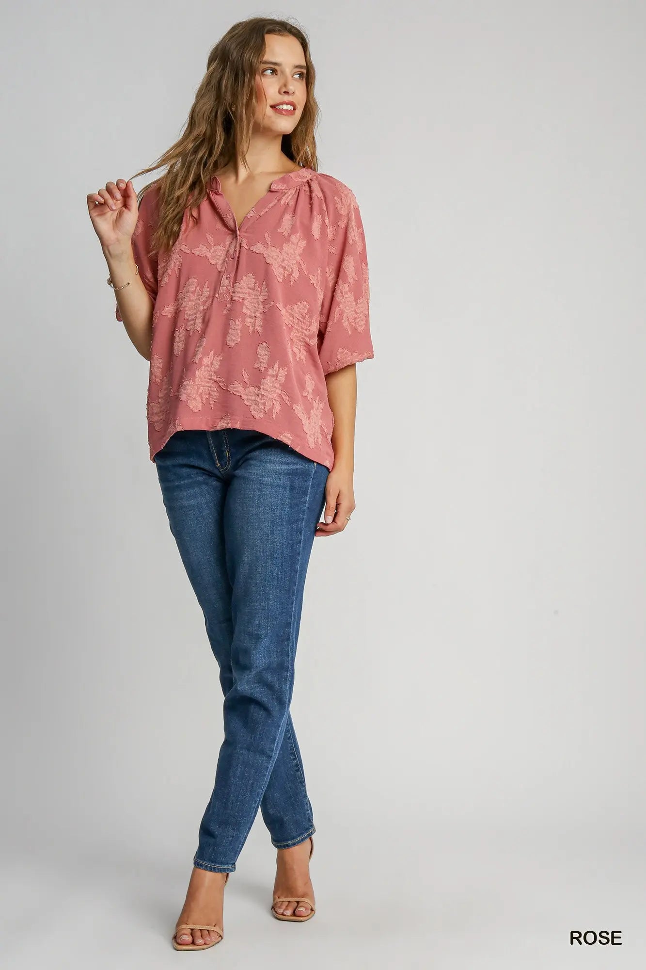 Textured Floral Puff Sleeve Blouse-Rose