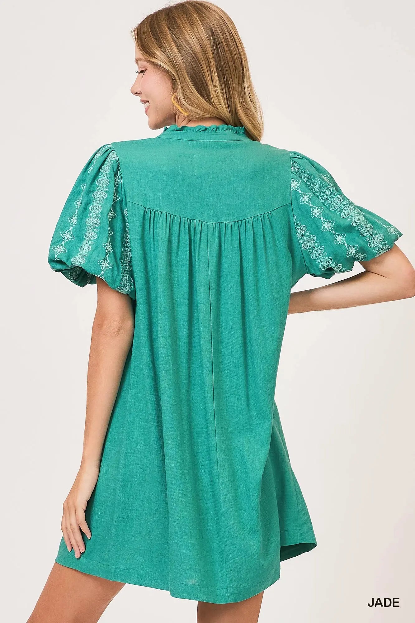 Jade Split Neck A Line Mini Dress with Embroidered Details