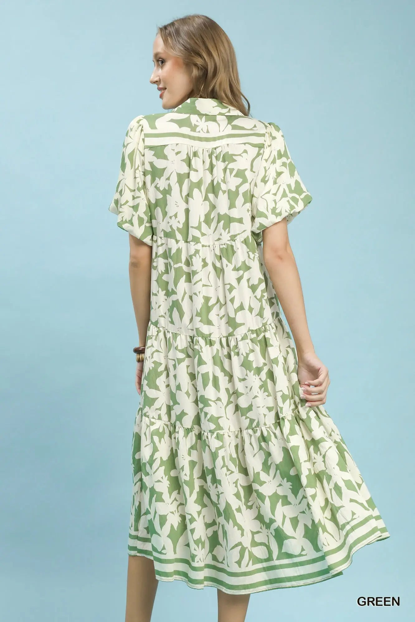Green Botanical Print A-Line Tiered Dress