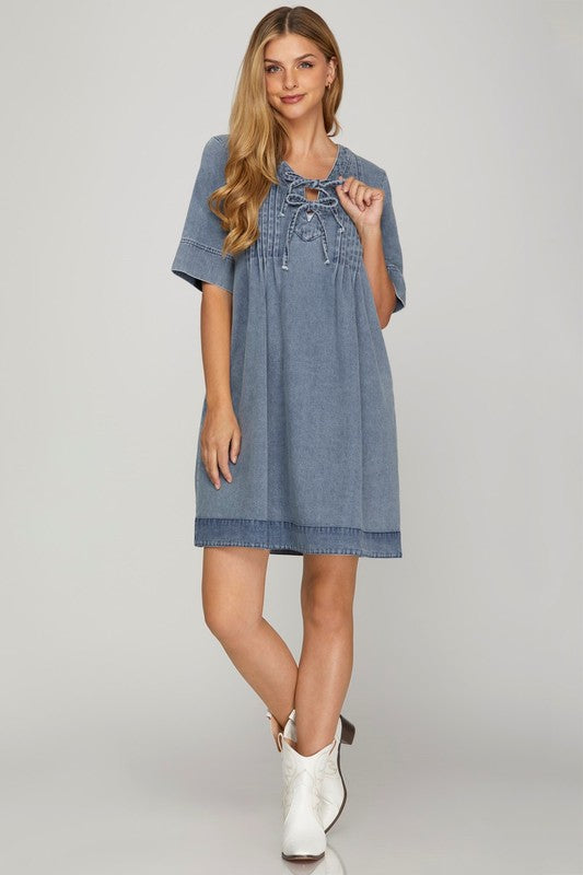 Bow Tie Washed Denim Dress