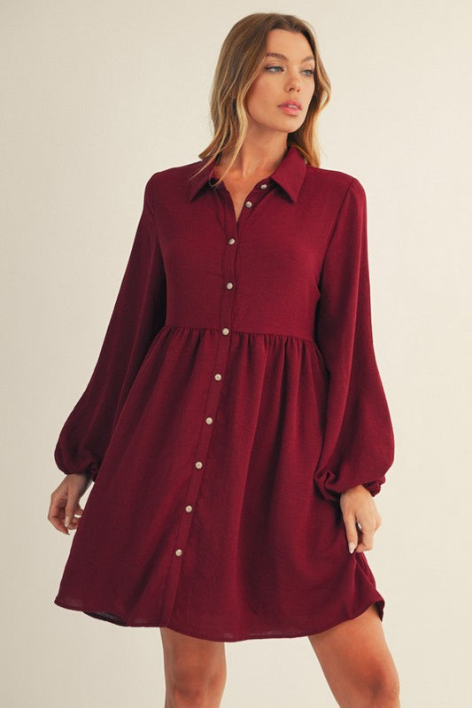 Tiered Back Detail Button Down Crinkle Dress-Burgundy