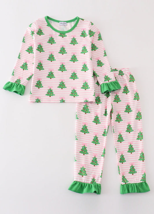 Girl's Christmas Tree Printed Ruffle PJ set