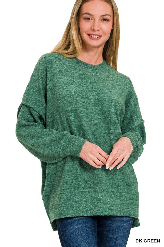 Brushed Drop Shoulder Sweater-Dark Green