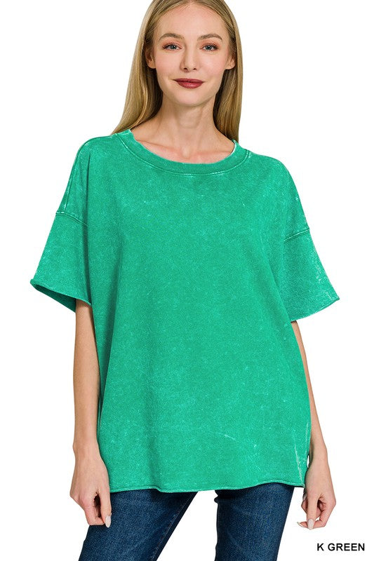 Mineral Wash Raw Seam Oversized Tee-Kelly Green