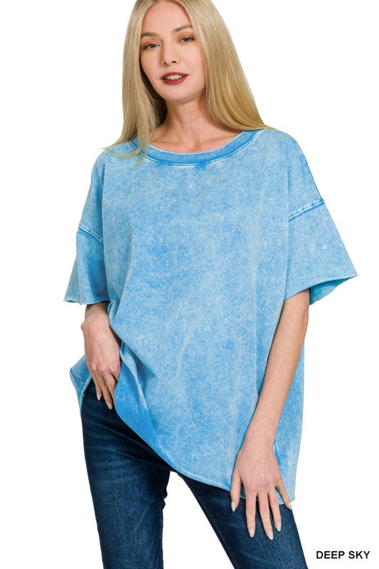 Mineral Wash Raw Seam Oversized Tee-Deep Sky