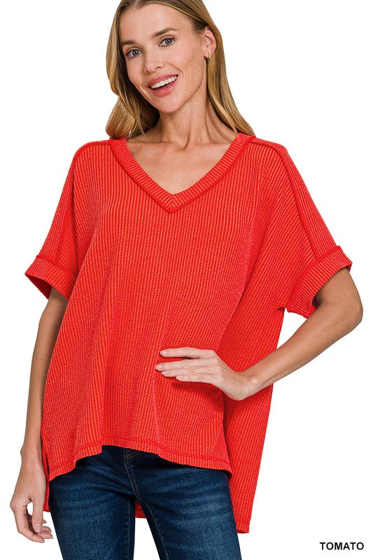 Corded Ribbed V-Neck Top