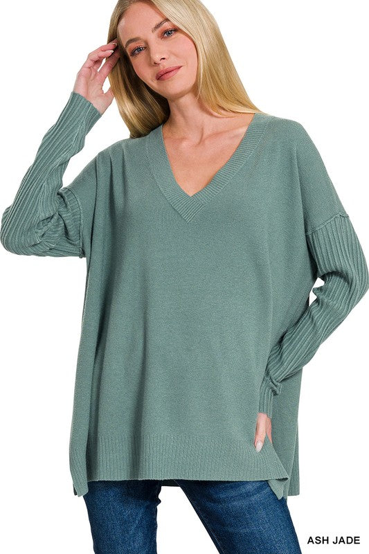 Ribbed Detail V-Neck Sweater