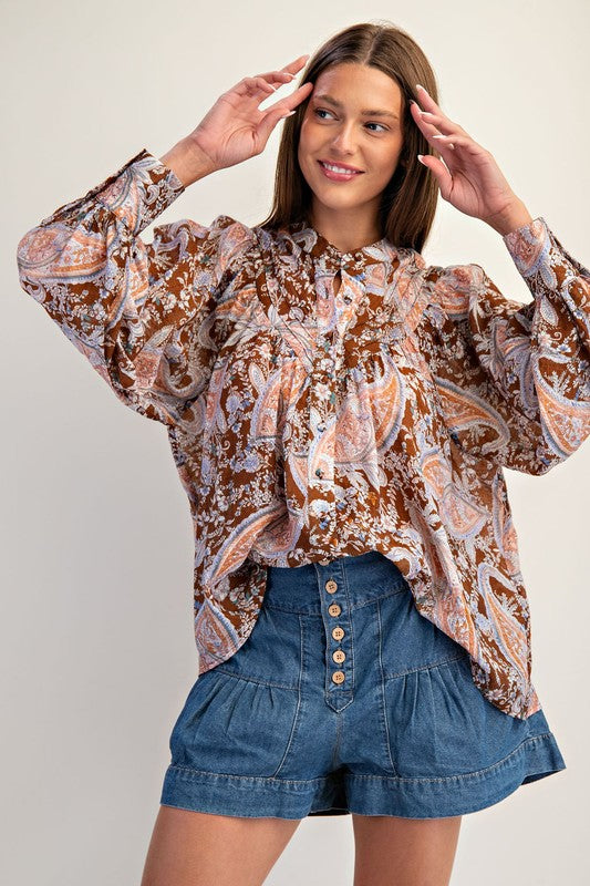 Paisley Printed Bubble Sleeve Blouse Top