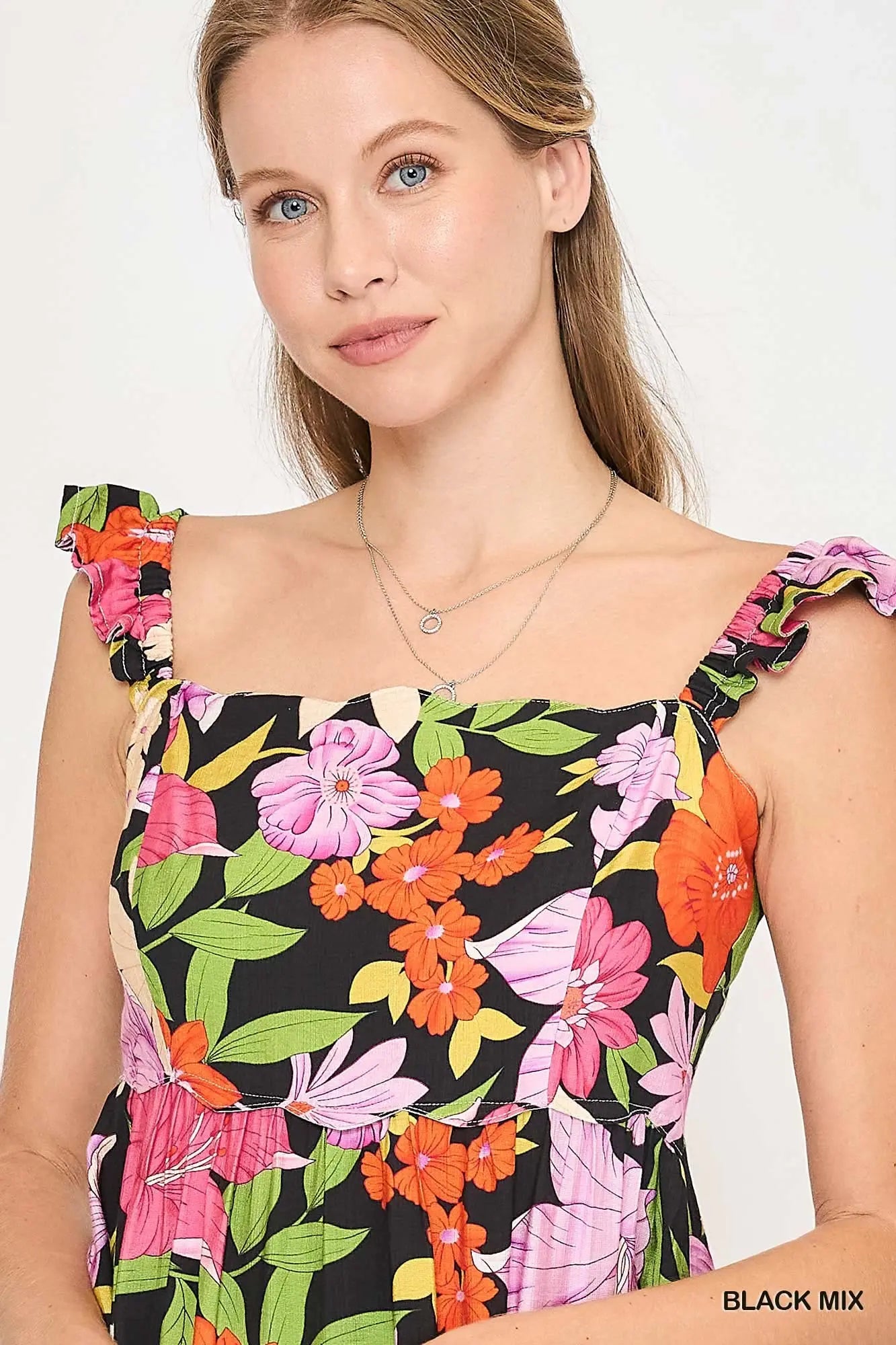 Floral Print Sun Dress with Wide Ruffled Straps