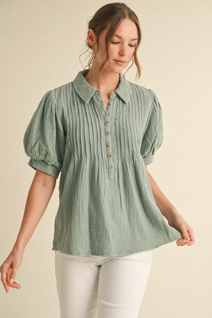 Gauze Balloon Sleeve Top-Sage