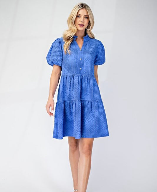 Seersucker Puff Sleeve Mini Dress