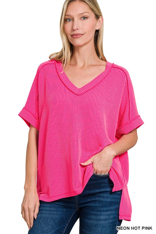 V-Neck Corded Top Hot Pink