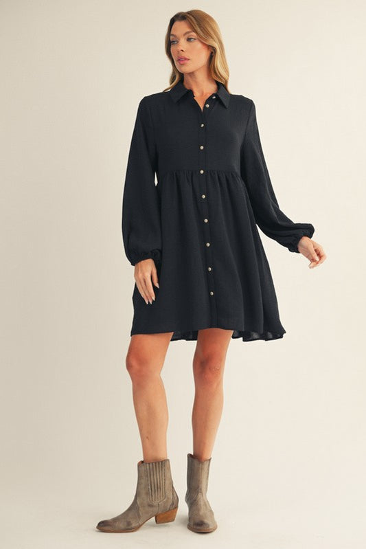 Tiered Back Detail Button Down Crinkle Dress-Black