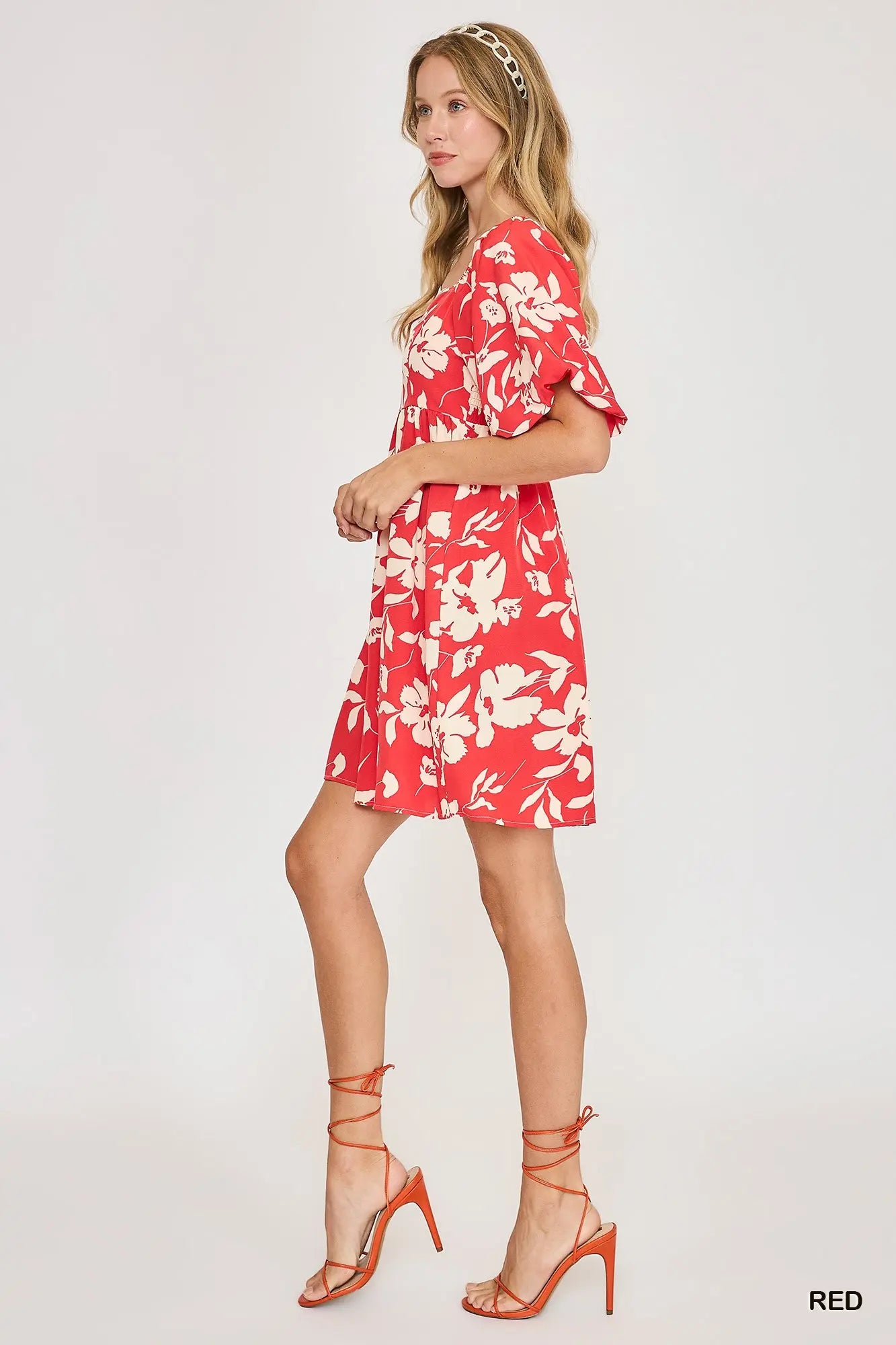 Red Floral Print Dress with Scalloped Edges