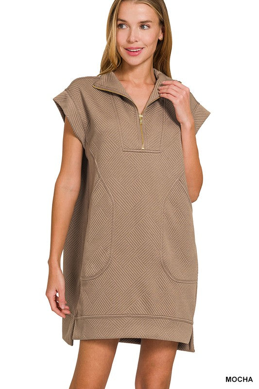 Mocha Textured Knit Jacquard Quarter Zipper Mini Dress