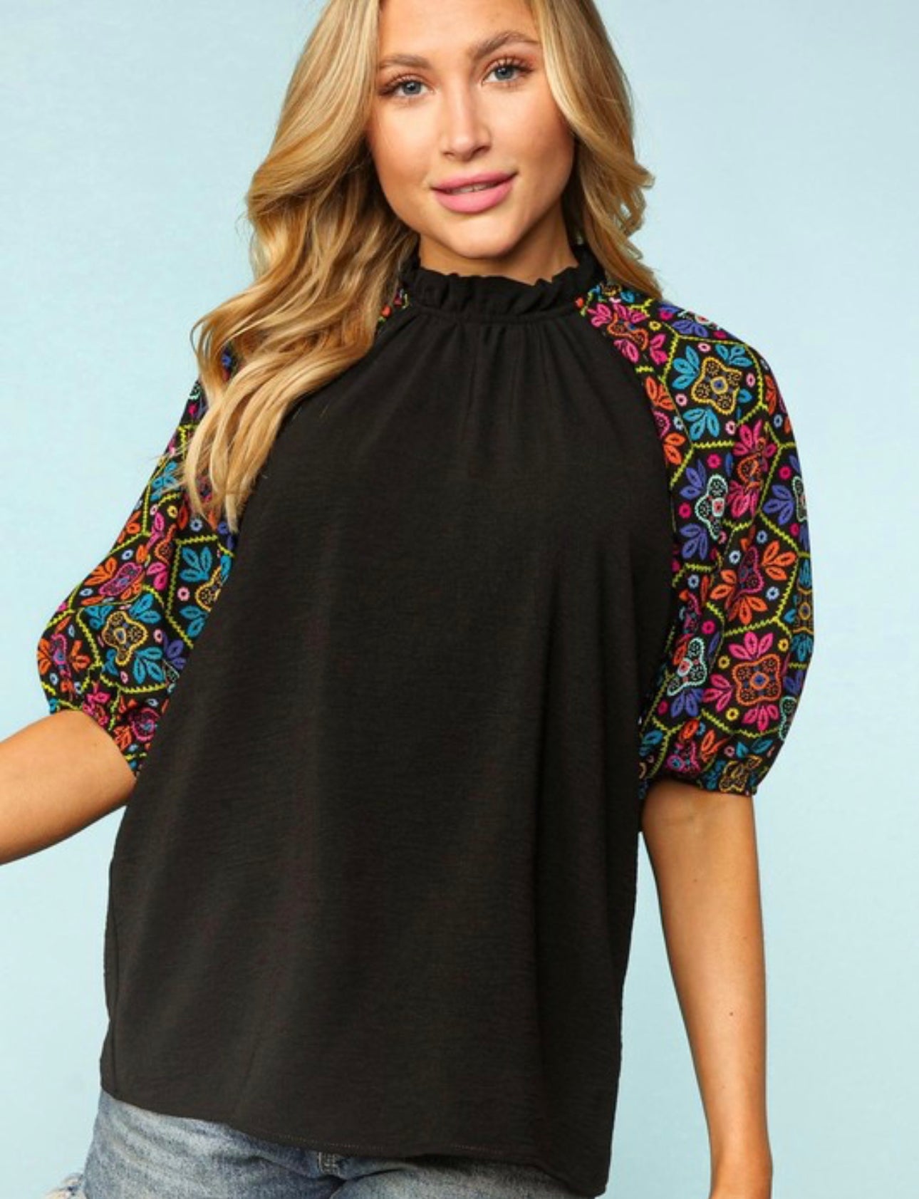 Frilled Mock Neck Print Bubble Sleeve
