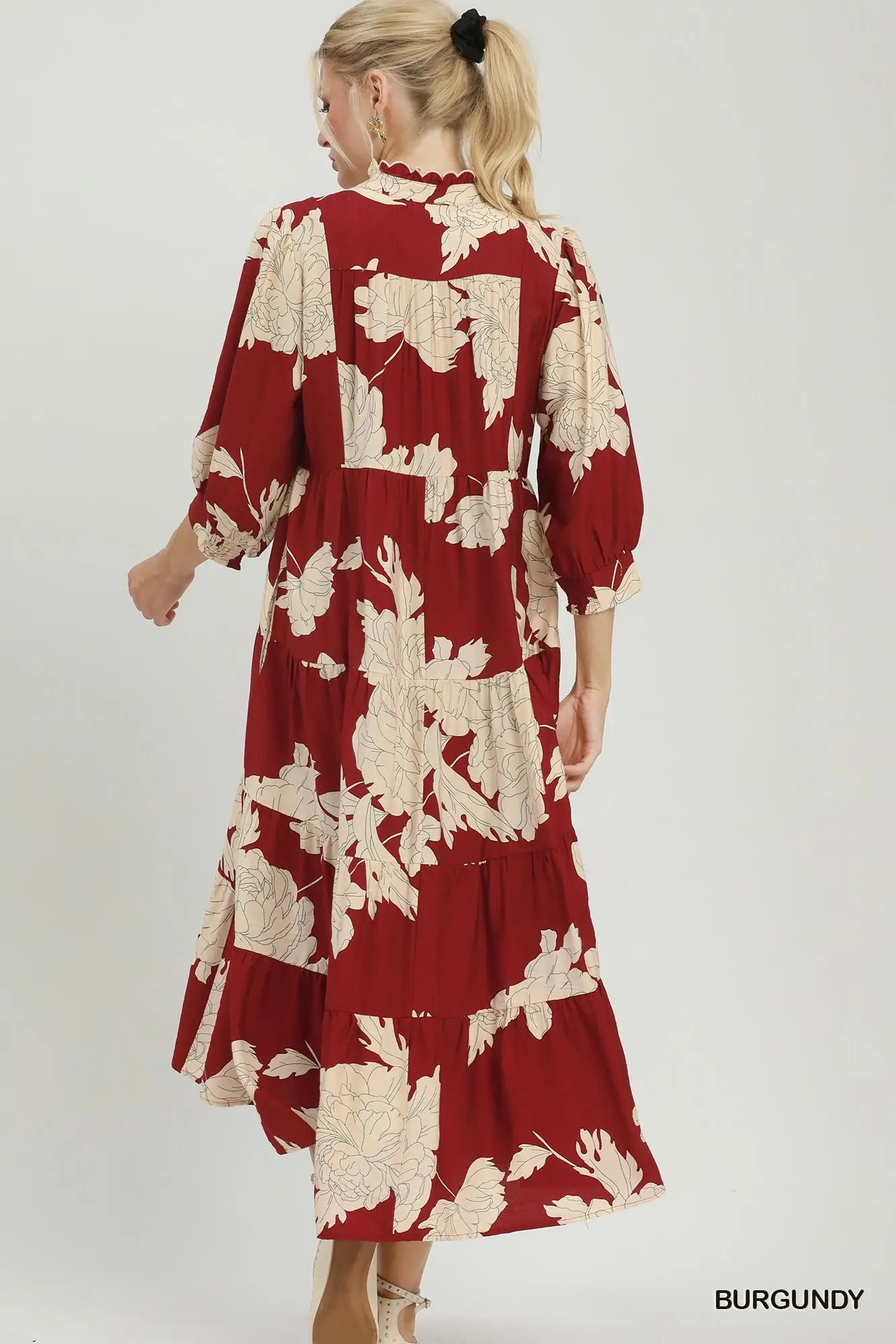 Floral Tiered Maxi Dress-Burgundy