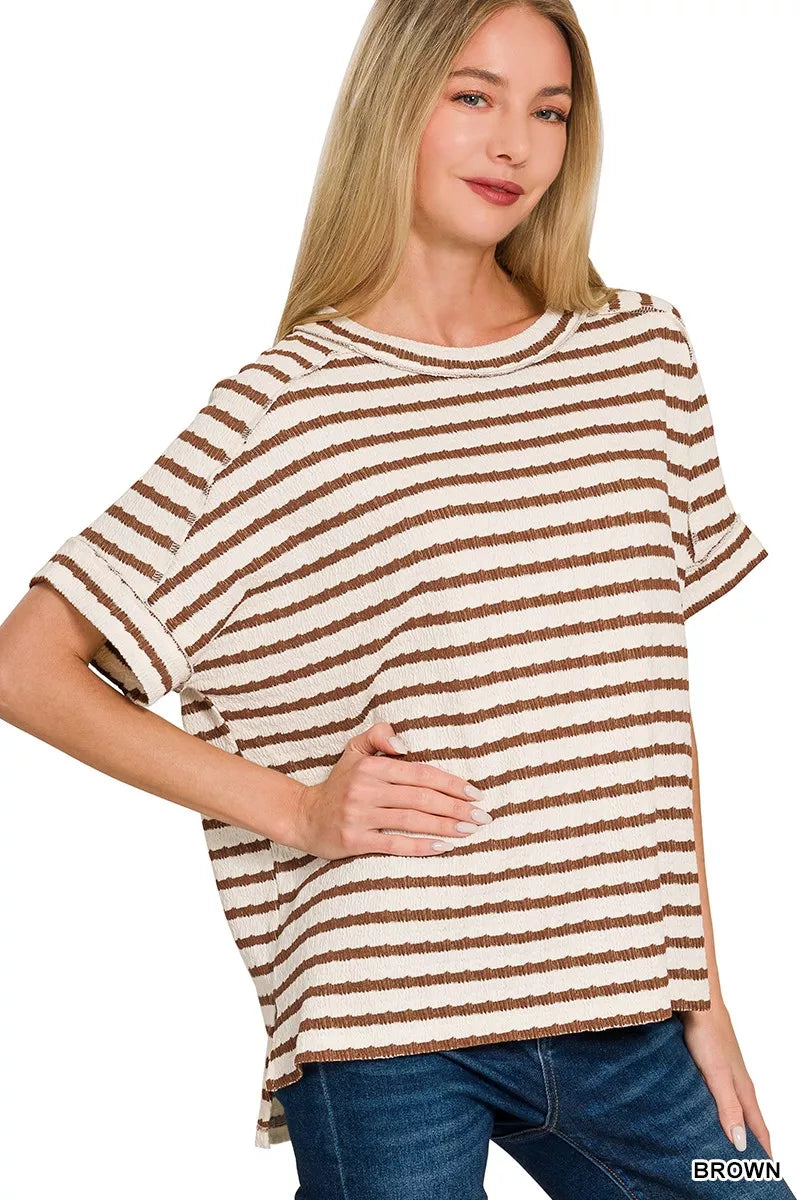 Classic Stripe Ribbed Top- Brown