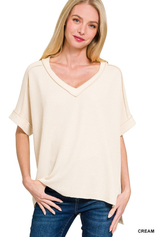 Corded Rib Knit Hi-Low V-Neck Top