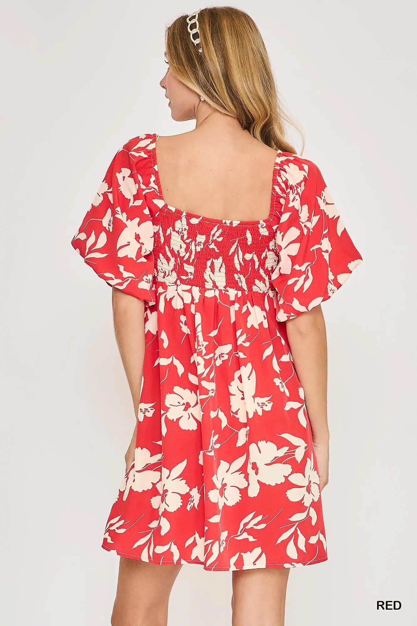 Red Floral Print Dress with Scalloped Edges
