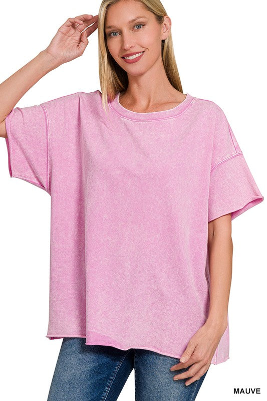 Mineral Wash Raw Seam Oversized Tee-Mauve