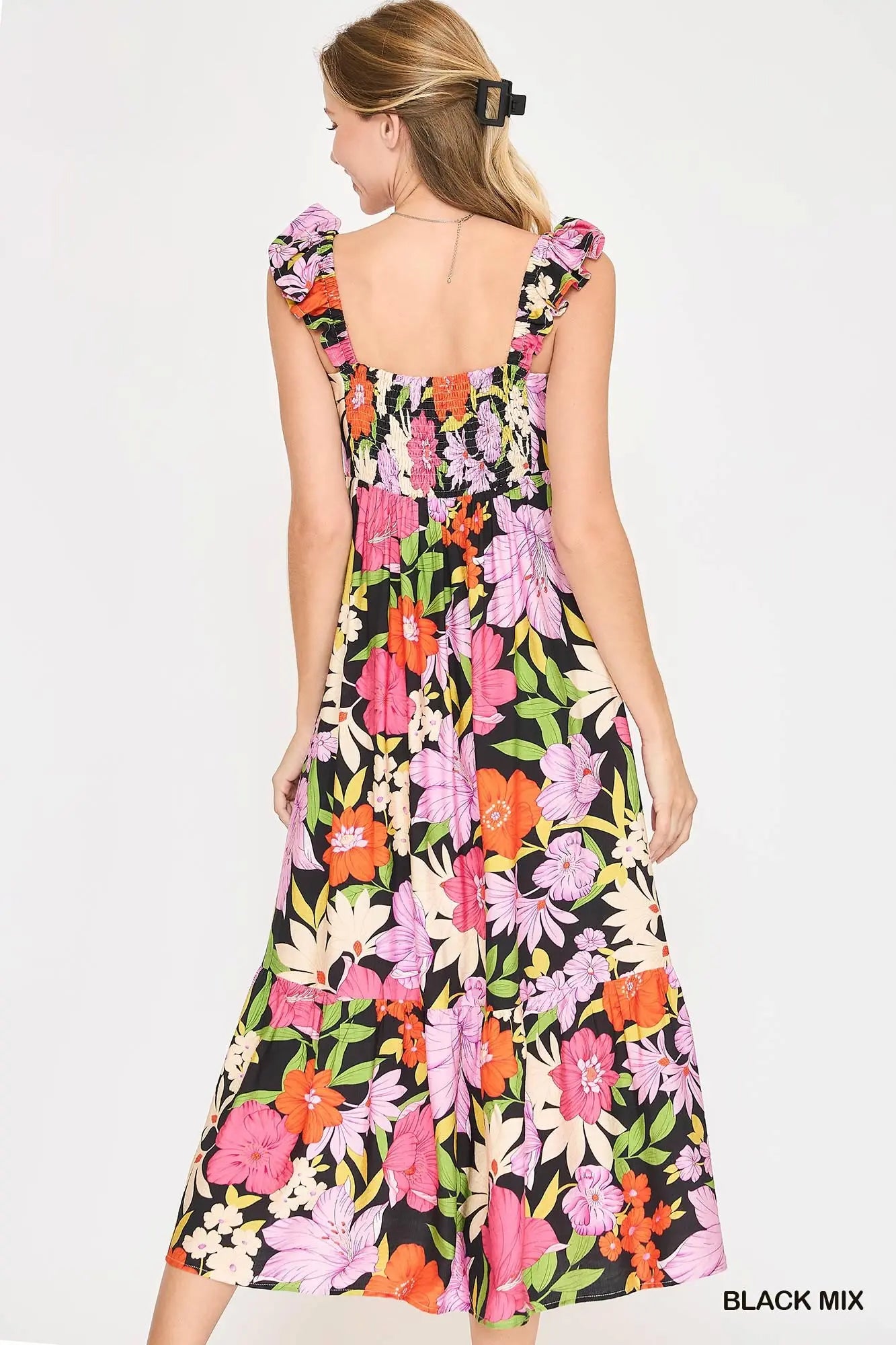 Floral Print Sun Dress with Wide Ruffled Straps