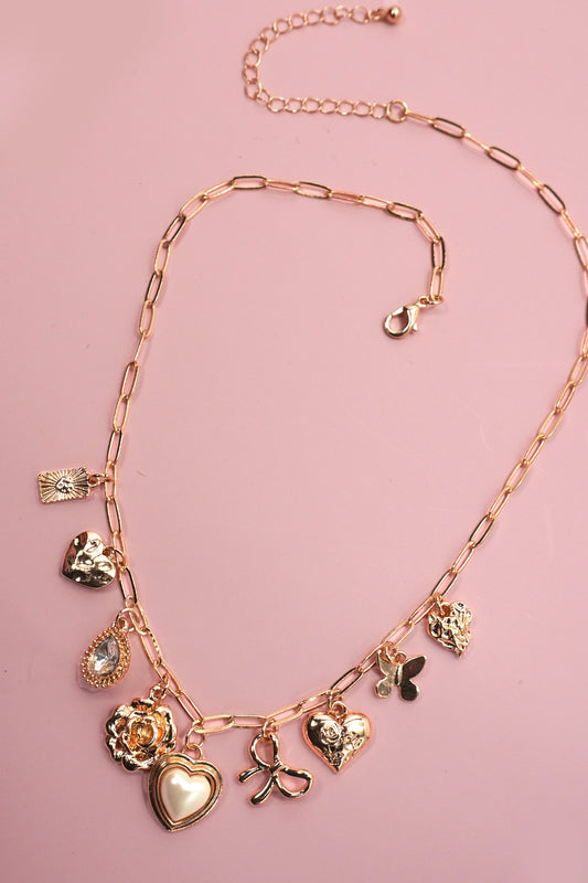 Charm Necklace-bow Heart Rhinestone Flower