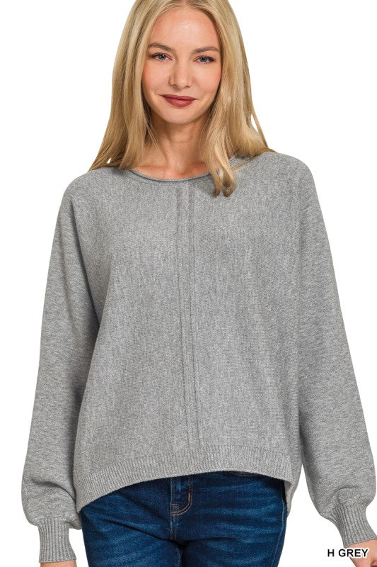 Front Seam Round Neck Sweater-Grey