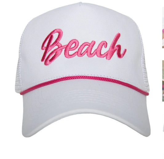 Beach Cursive White Trucker Cap with Rope