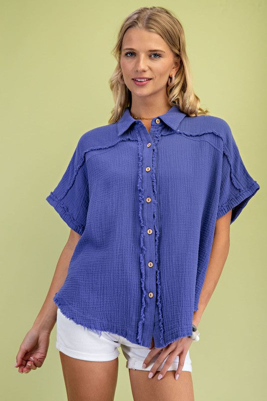 Gauze Button Down Top in Cobalt