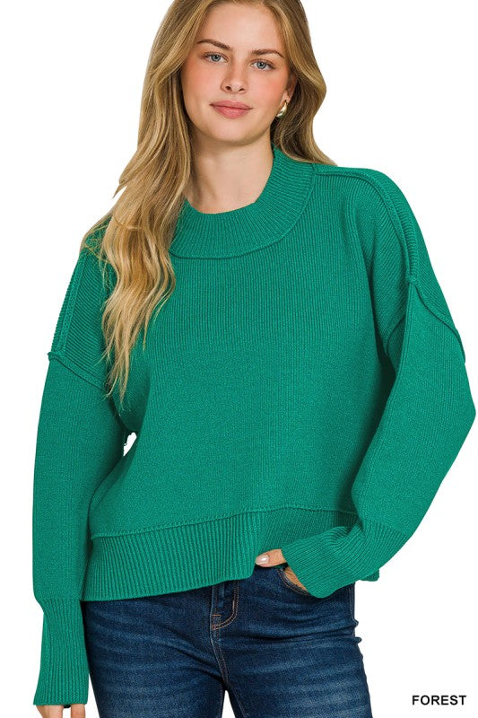 Wide Neck Drop Shoulder Sweater-Forest