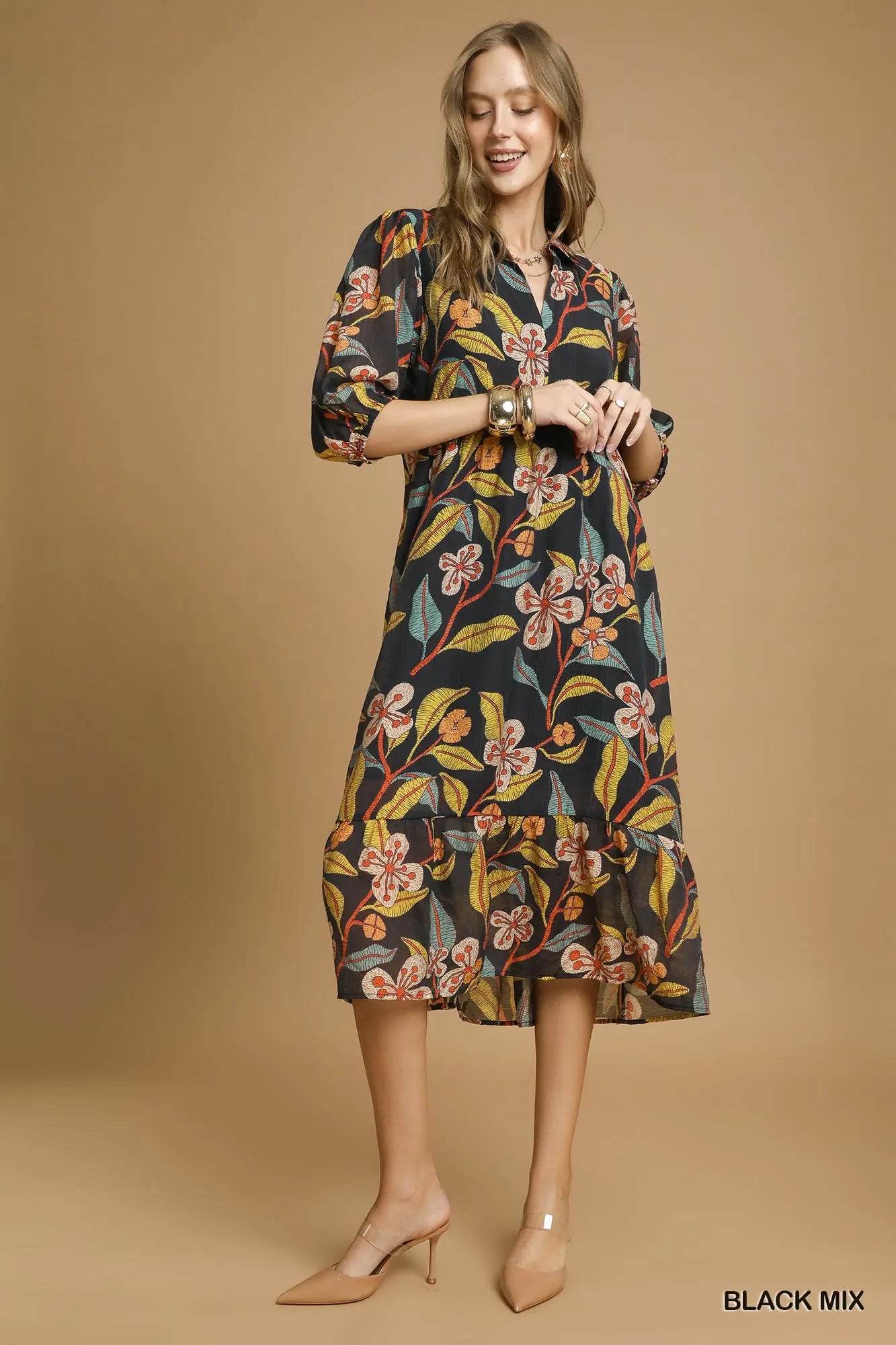 Mixed Floral Print Tiered Midi Dress- black mix