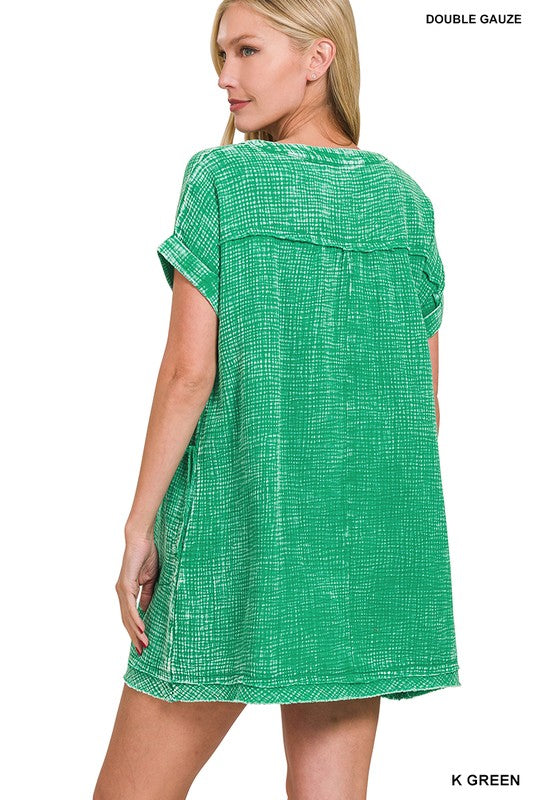 Washed Raw Edge Gauze V-Neck Dress