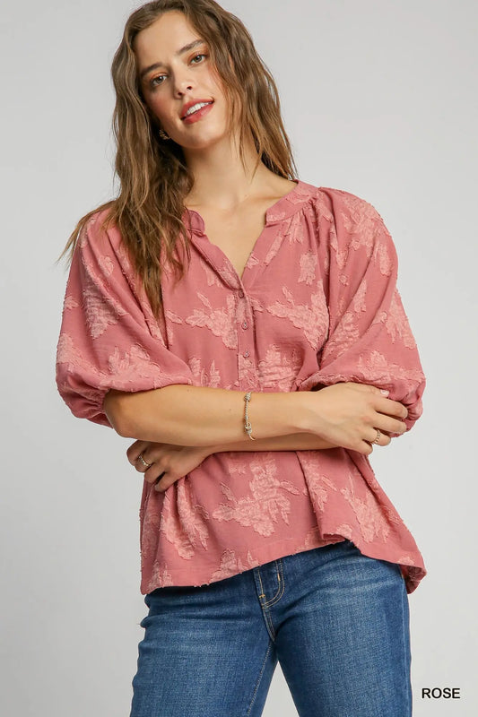 Textured Floral Puff Sleeve Blouse-Rose