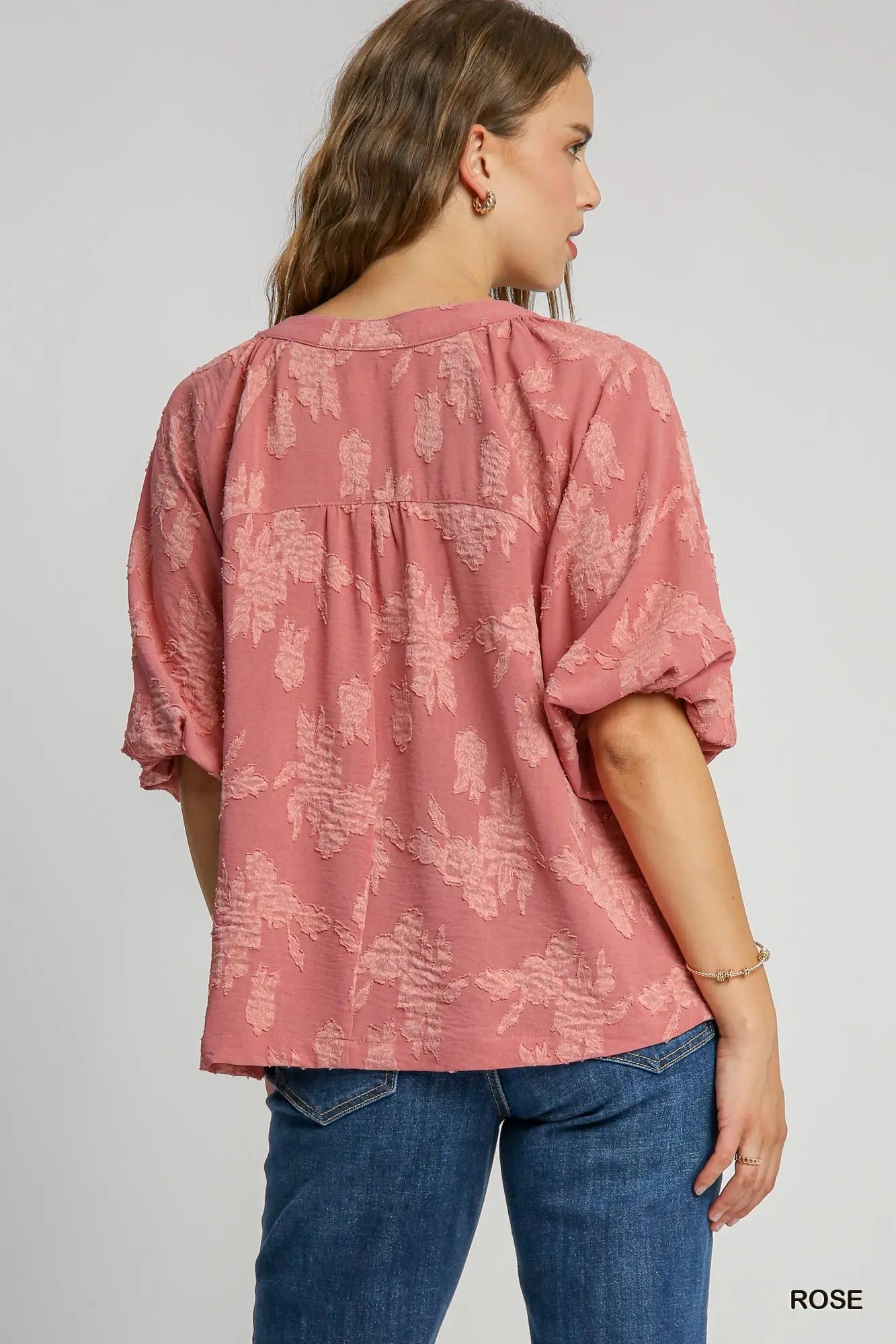 Textured Floral Puff Sleeve Blouse-Rose