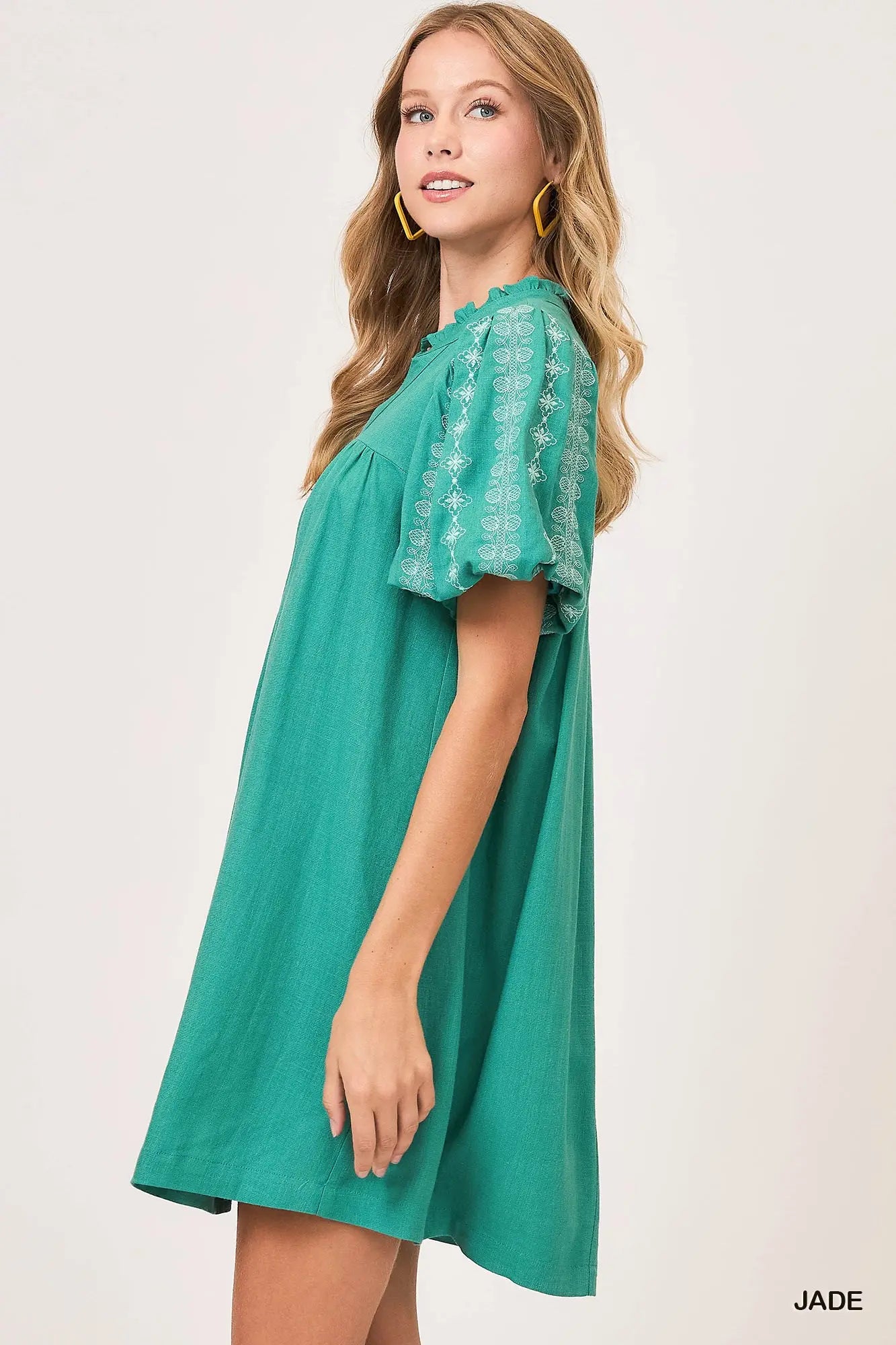 Jade Split Neck A Line Mini Dress with Embroidered Details