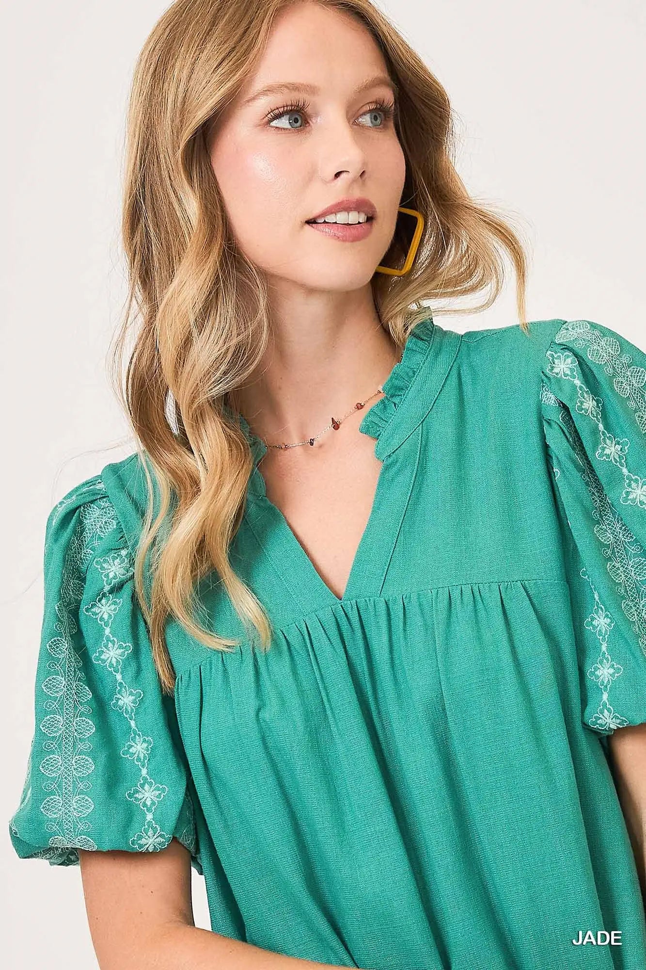 Jade Split Neck A Line Mini Dress with Embroidered Details