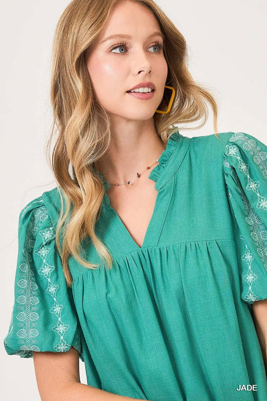 Jade Split Neck A Line Mini Dress with Embroidered Details