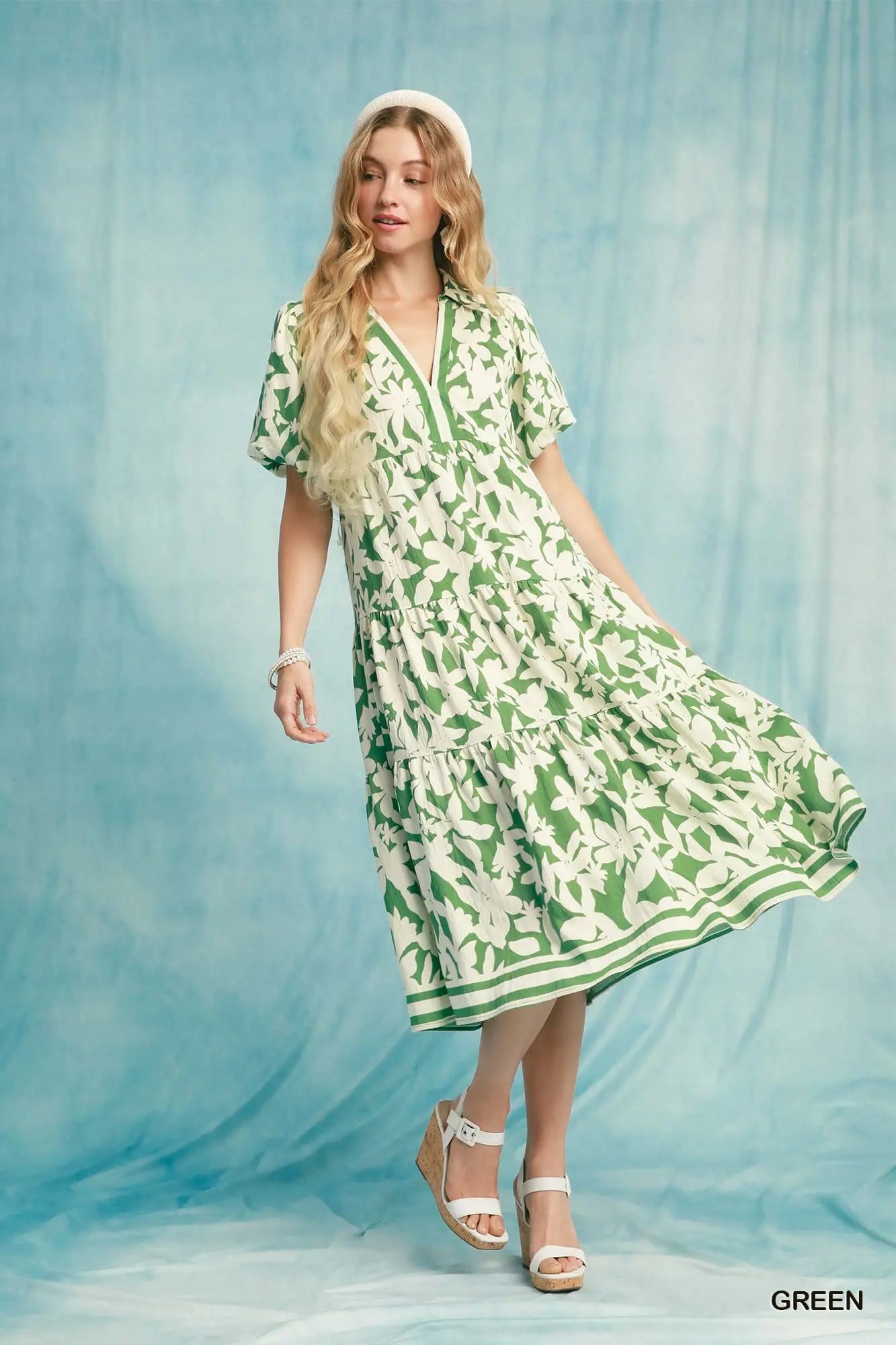 Green Botanical Print A-Line Tiered Dress