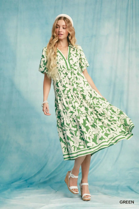 Green Botanical Print A-Line Tiered Dress